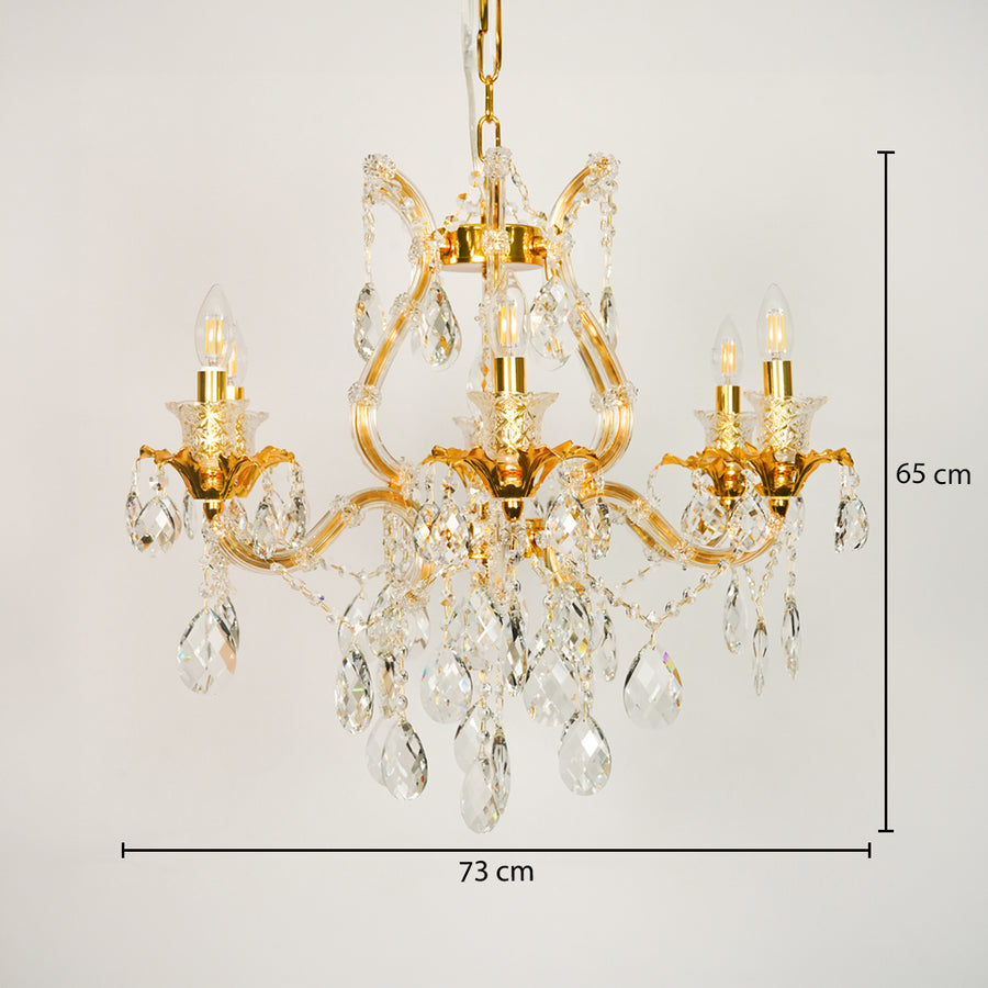 Dimension image of petite clear crystal chandelier for modern dining room decor styling with exact precise measurements.