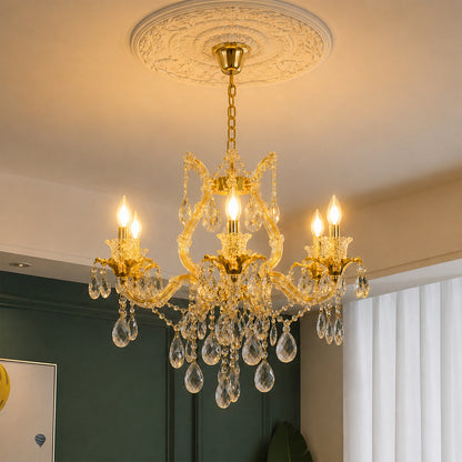Lifestyle image of petite clear crystal chandelier for luxury living room decor styling with beautiful crystal detailing.