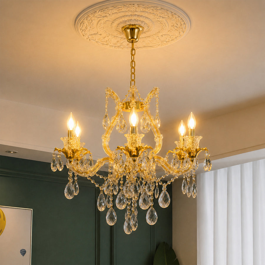 Lifestyle image of petite clear crystal chandelier for luxury living room decor styling with beautiful crystal detailing.