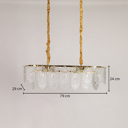 Gold metal chandelier shown with detailed measurements including 79 cm width 29 cm depth and 24 cm height for precise installation and room planning.