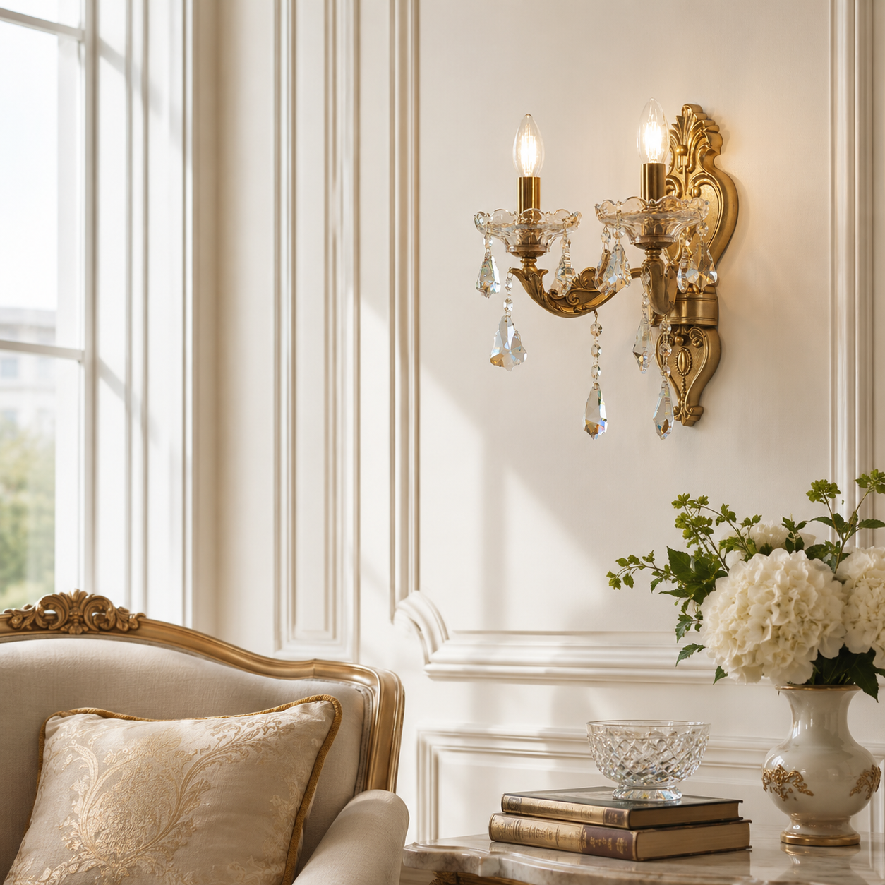 An ornate gold wall sconce with clear crystal hanging drops is mounted on a cream paneled wall in a classic interior setting next to a beige armchair and a vase of white flowers.