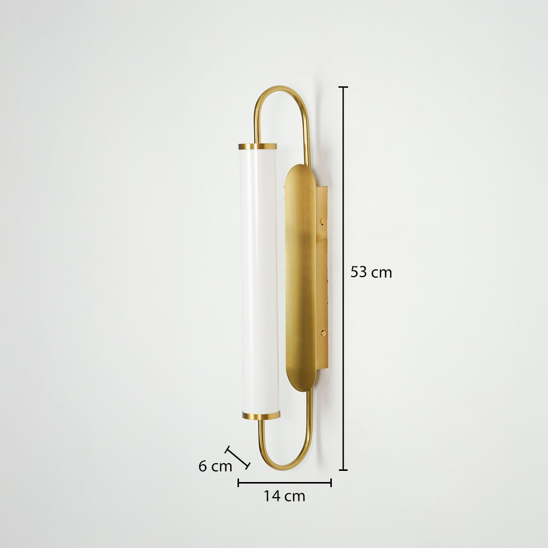 Gold metal wall light dimension image with 53 cm height and frosted glass shade for luxury decor.