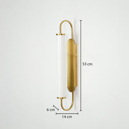 Gold metal wall light dimension image with 53 cm height and frosted glass shade for luxury decor.