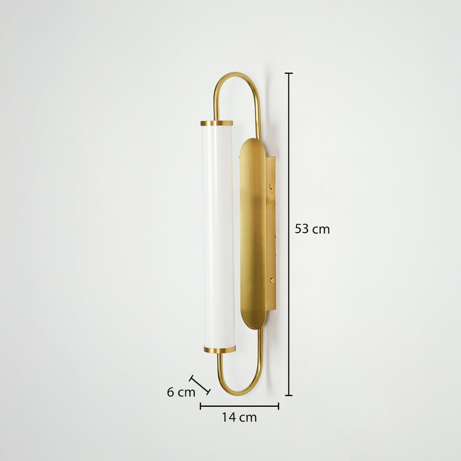 Gold metal wall light dimension image with 53 cm height and frosted glass shade for luxury decor.