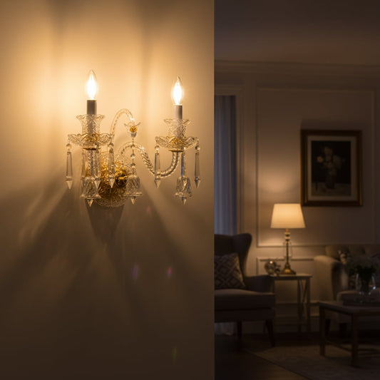 Gold and clear crystal wall light adds elegant warm lighting to living room or hallway walls creating a luxury ambience.