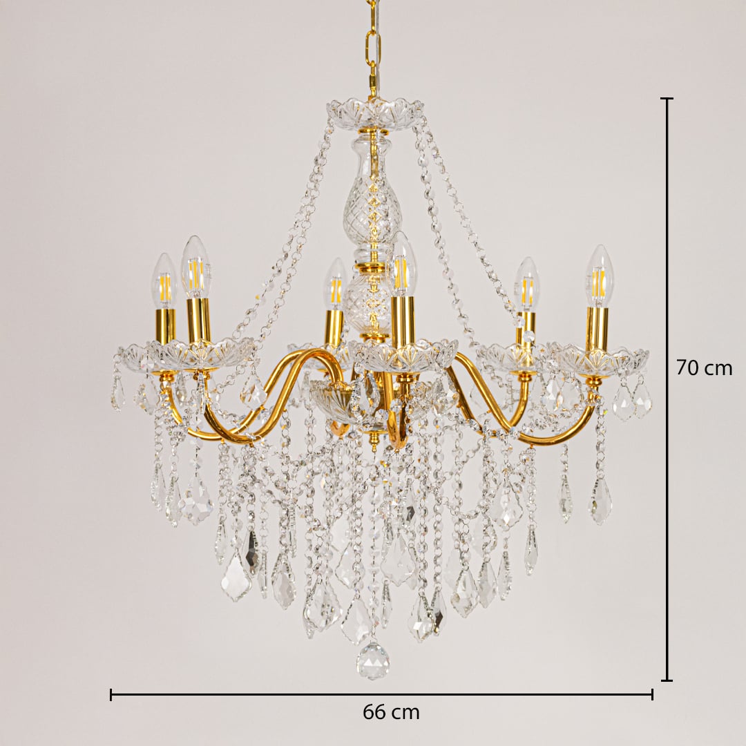 Gold metal crystal chandelier sized 70 cm height and 66 cm width ideal for elegant living room or dining room ceiling lighting.