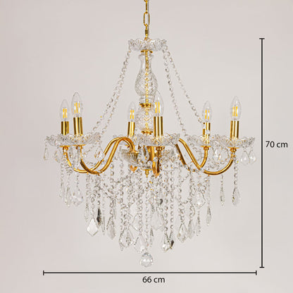 Gold metal crystal chandelier sized 70 cm height and 66 cm width ideal for elegant living room or dining room ceiling lighting.