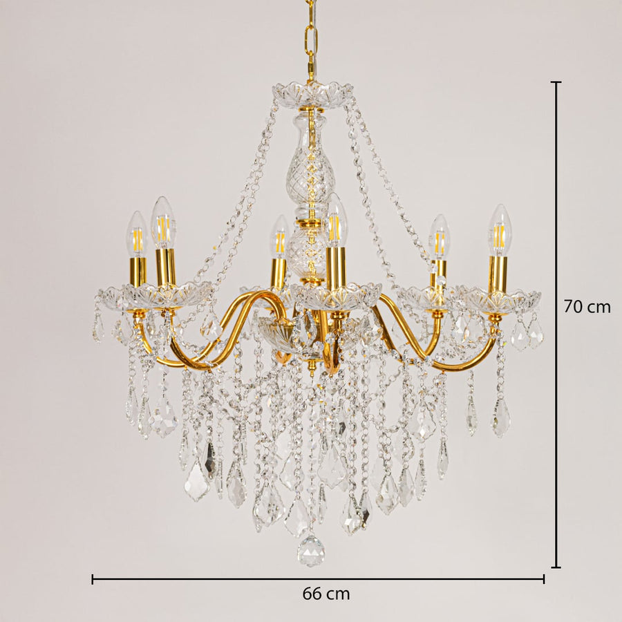 Gold metal crystal chandelier sized 70 cm height and 66 cm width ideal for elegant living room or dining room ceiling lighting.