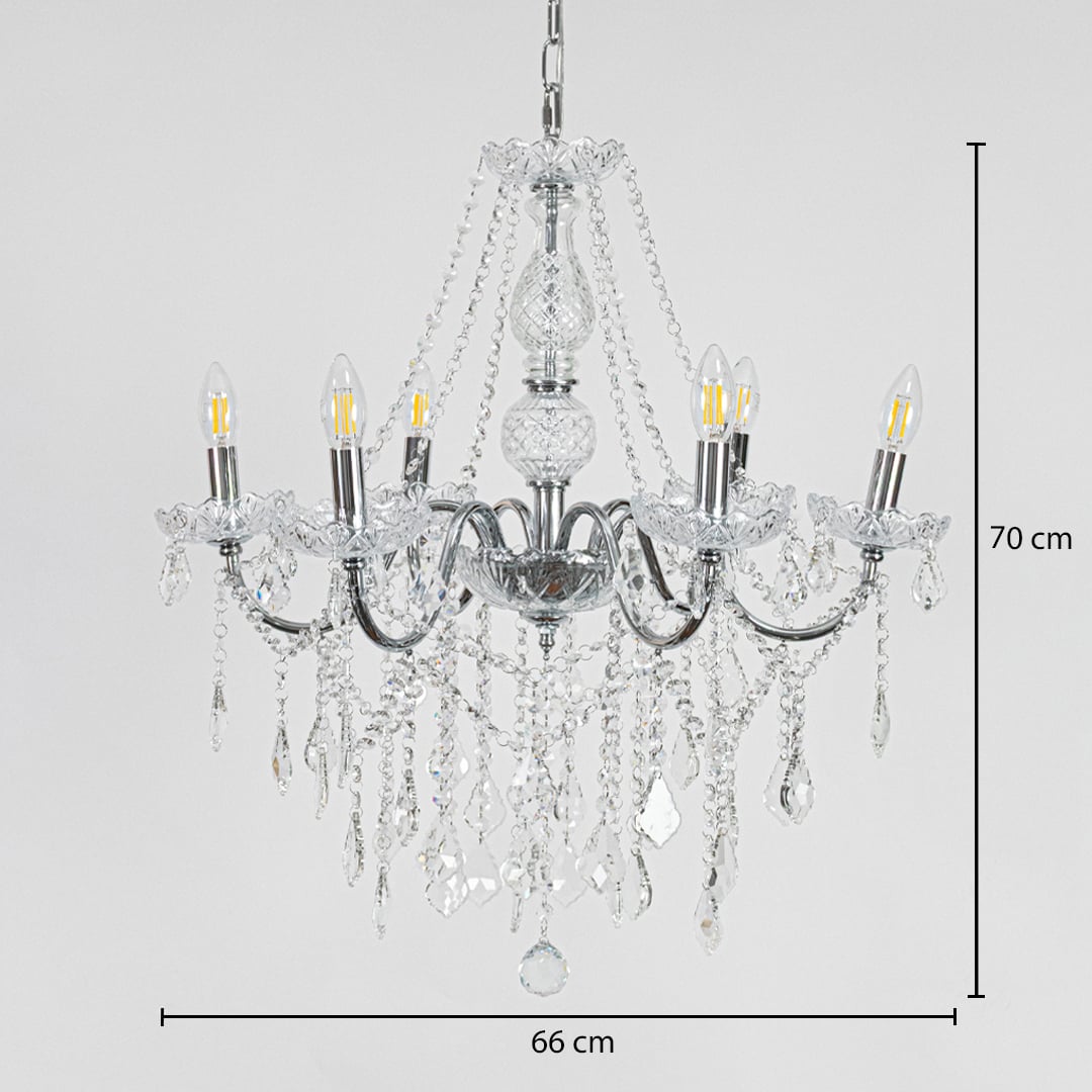 Silver metal crystal chandelier sized 70 cm height and 66 cm width ideal for elegant living room or dining room ceiling lighting.