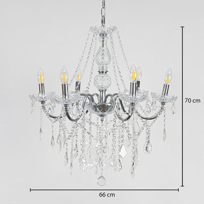 Silver metal crystal chandelier sized 70 cm height and 66 cm width ideal for elegant living room or dining room ceiling lighting.