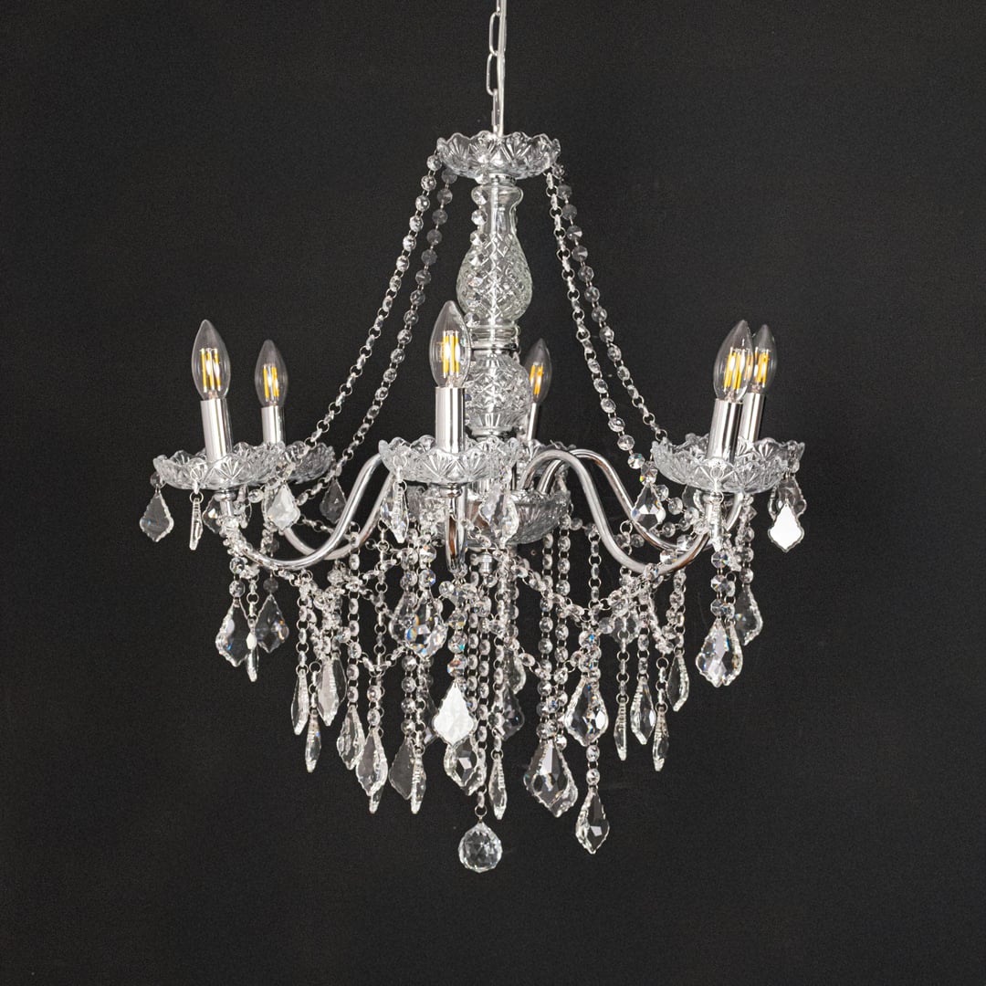 Silver metal crystal chandelier shown on black background highlighting premium crystal detailing for elegant interiors.