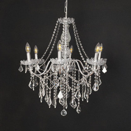 Silver metal crystal chandelier shown on black background highlighting premium crystal detailing for elegant interiors.