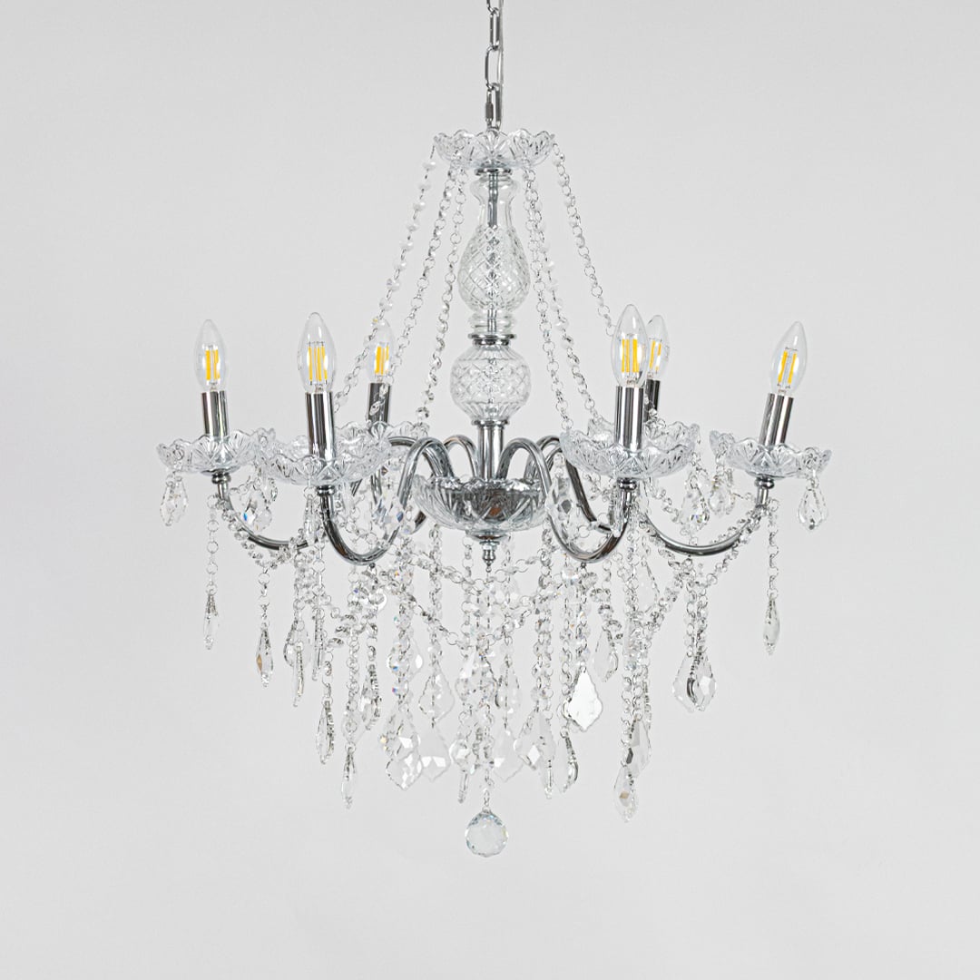 Silver metal crystal chandelier displayed on white background ideal for classic bright interior ceiling styling.