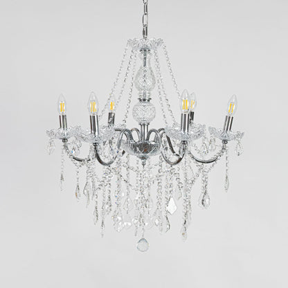 Silver metal crystal chandelier displayed on white background ideal for classic bright interior ceiling styling.