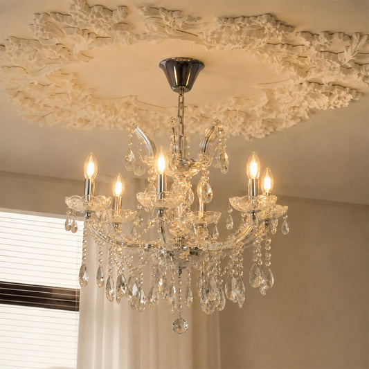 Lifestyle image of waterfall crystal chandelier for luxury living room decor styling with elegant crystal detailing.