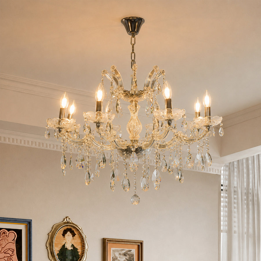 Lifestyle image of large waterfall crystal chandelier for luxury dining room decor styling with crystal detailings.