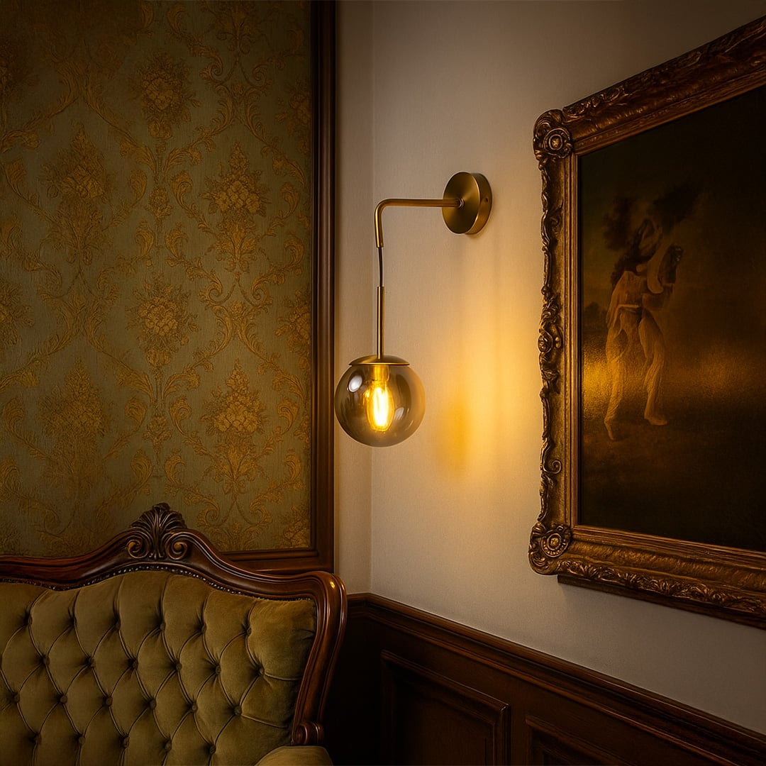 Smoked glass globe wall light with gold metal base glowing warm in luxury living room interior perfect for modern wall decor.