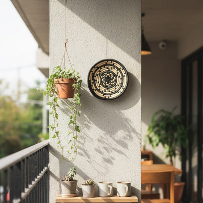 Decorative circular wall art with nature motif placed near window enhancing indoor greenery setting with warm tones and elegant handcrafted design appeal.
