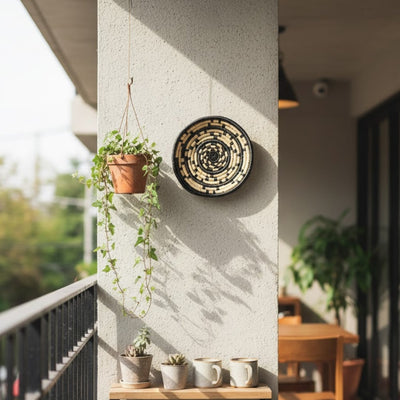Decorative circular wall art with nature motif placed near window enhancing indoor greenery setting with warm tones and elegant handcrafted design appeal.