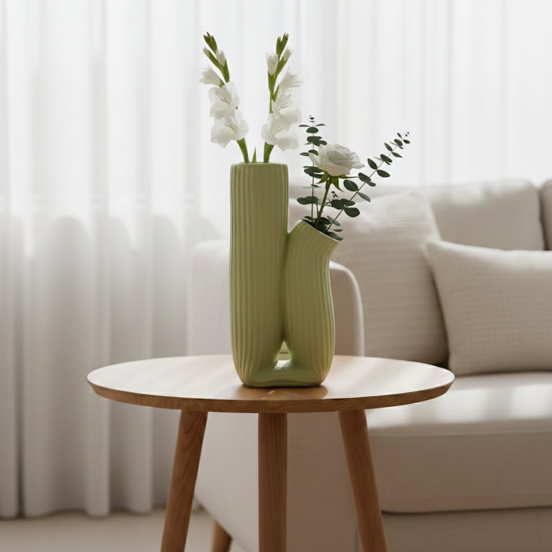 Light green ceramic ribbed dual vase placed on round side table with flowers styled in bright living room.