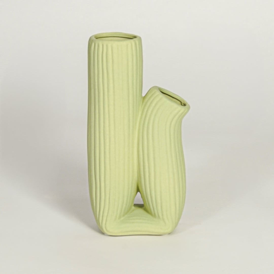 Modern light green ceramic dual opening vase with ribbed body ideal for console styling and home decor display.
