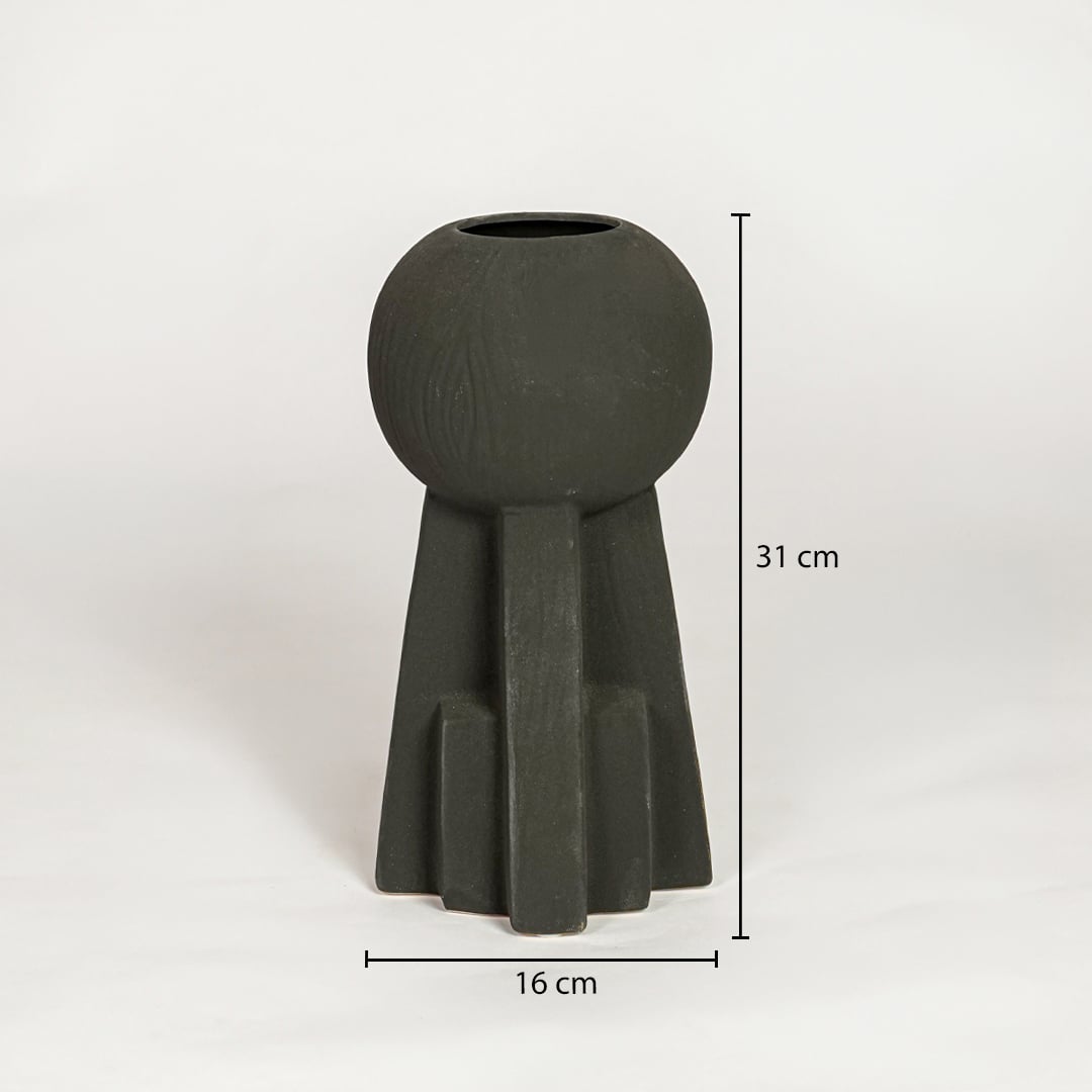 Black ceramic decorative vase showing 16 cm width and 31 cm height ideal for console table shelf and modern home decor display.