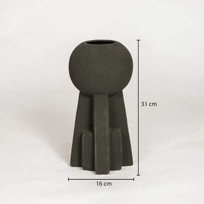 Black ceramic decorative vase showing 16 cm width and 31 cm height ideal for console table shelf and modern home decor display.