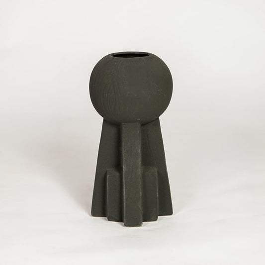 Modern black ceramic sculptural decorative vase ideal for dried flower arrangement on console table shelf and stylish home decor.