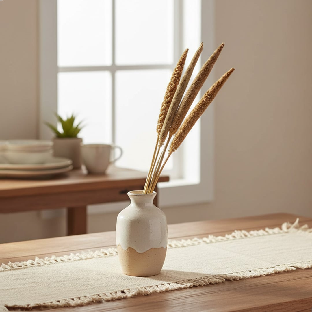 Minimal ceramic vase styled on table with dried stems near window creating calm natural ambience for modern home Decor.
