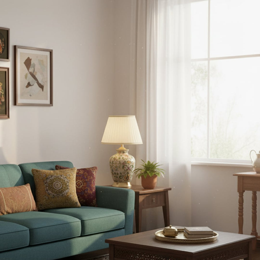Beautiful floral ceramic lamp placed on a vintage console adding warmth and timeless elegance perfect for living rooms bedrooms and reading corners.
