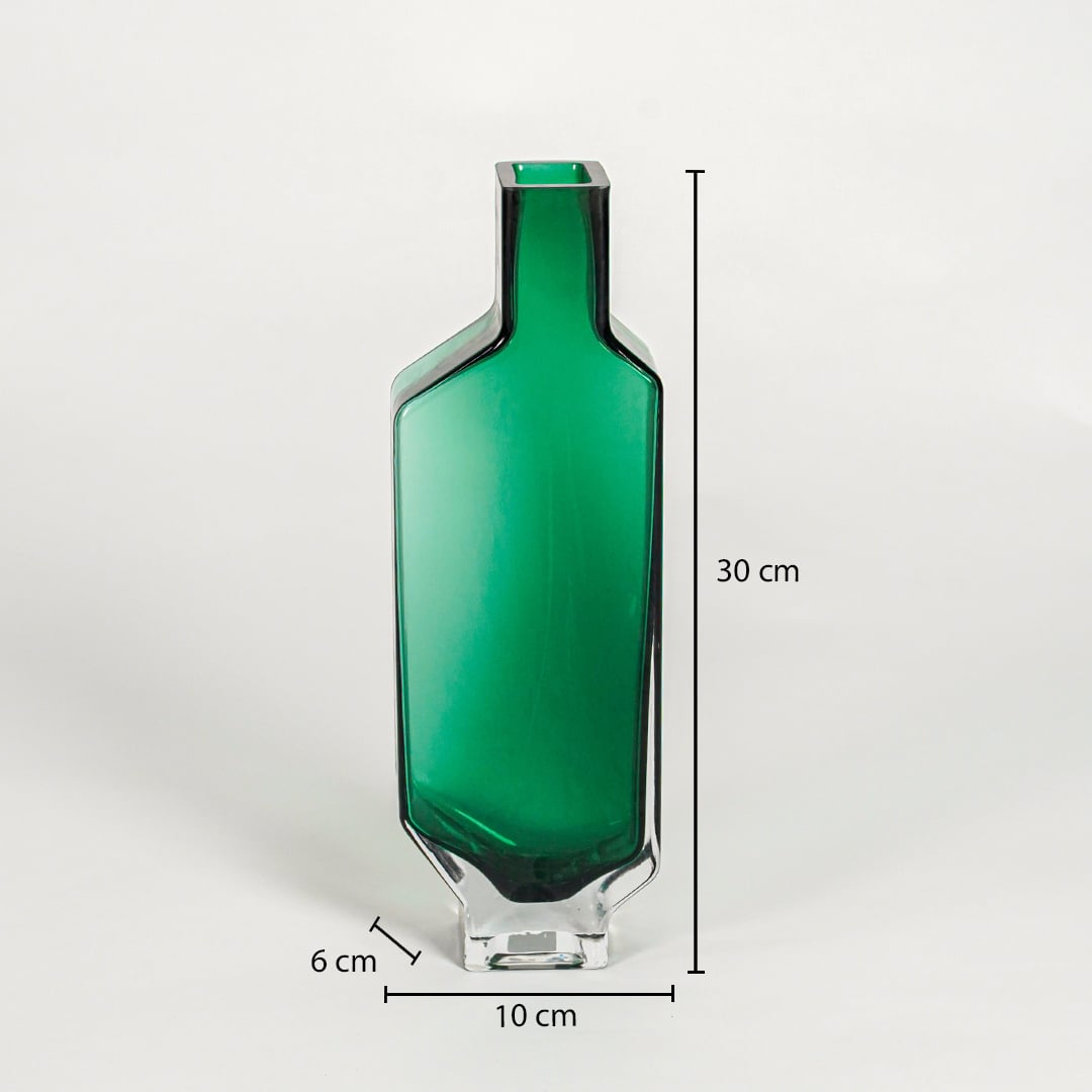 Green art glass vase dimension image showing 30 cm height 10 cm width and 6 cm depth decorative glass accent for table styling.