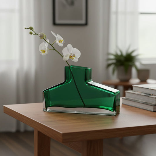 Green art glass vase styled on living room table modern decorative glass accent for console shelf or center table styling home.