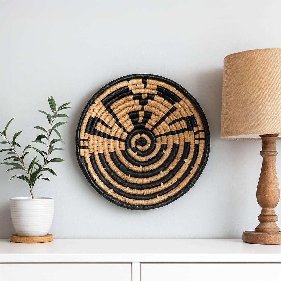 Lifestyle image featuring a handcrafted round woven wall basket in black and natural tones displayed on a clean white wall styled with a table lamp and potted plant for modern decor appeal.