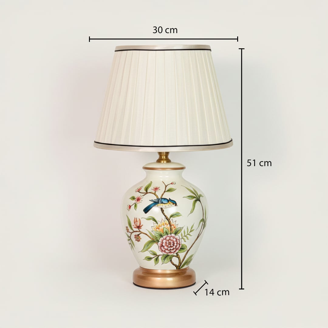White ceramic table lamp showing 51 cm height 30 cm shade width and 14 cm base size ideal for bedside placement.