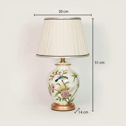 White ceramic table lamp showing 51 cm height 30 cm shade width and 14 cm base size ideal for bedside placement.
