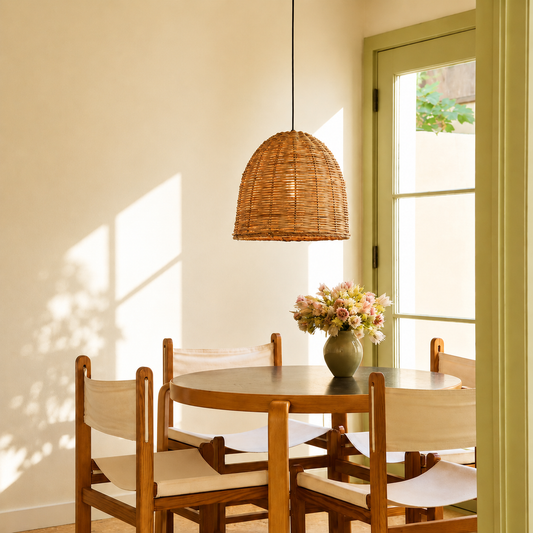 A woven wicker dome pendant light hangs over a round wooden dining table with four matching wooden chairs in a sunlit room with cream walls and a green door frame.