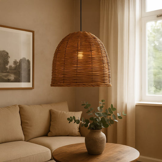 Natural rattan pendant light adding a warm organic charm to cozy dining or living room interiors.