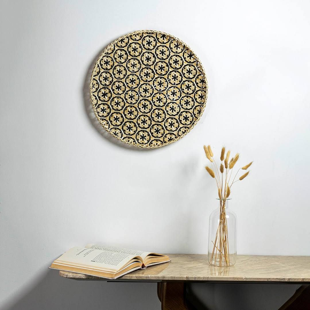 Handcrafted natural seagrass wall basket for living room shelf and modern boho home décor styling with artisan finish.