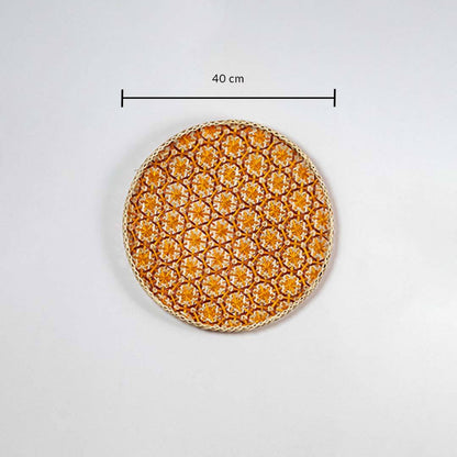 Dimension image of handcrafted orange and natural seagrass wall basket for boho living room wall décor display.