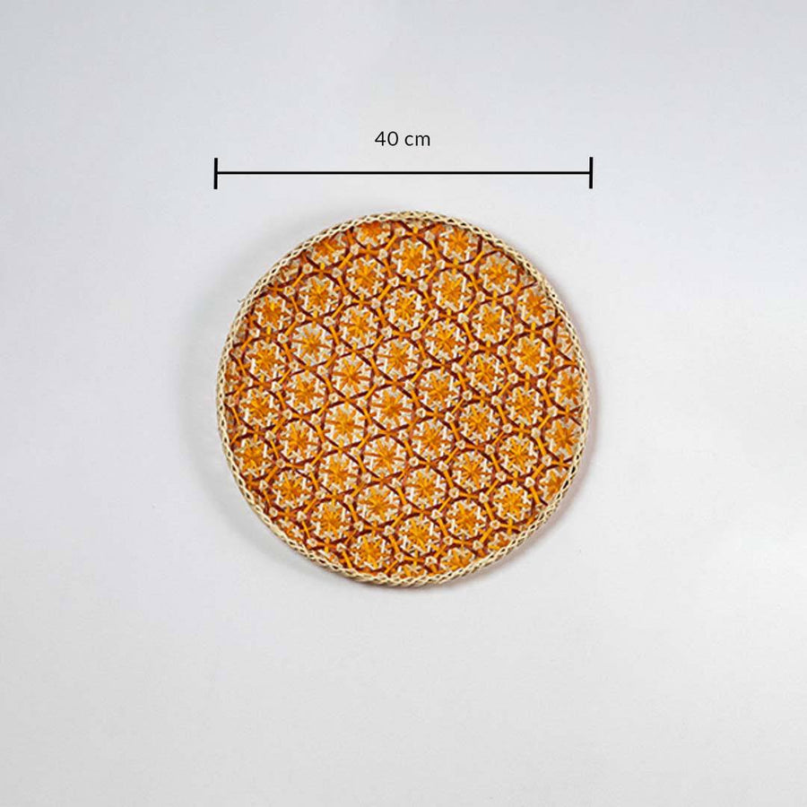 Dimension image of handcrafted orange and natural seagrass wall basket for boho living room wall décor display.