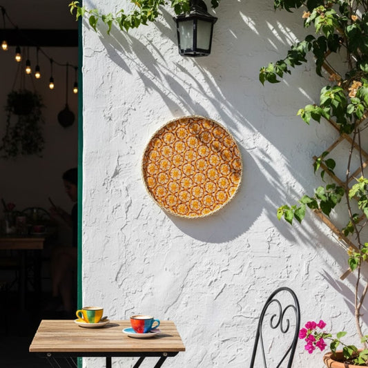Decorative round wall art in warm yellow tone mounted on exterior wall above table creating cozy ambiance and artistic outdoor decor.