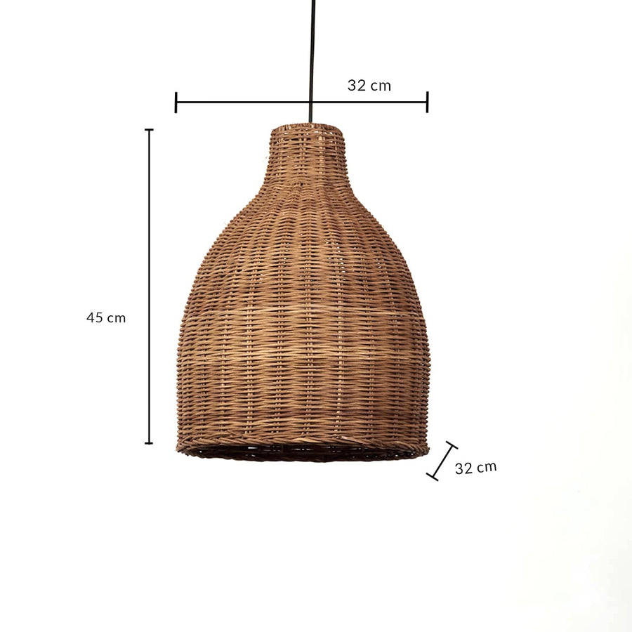 Dimension image of dark brown rattan bell pendant light with woven wicker frame showing 45 cm height and 32 cm width.