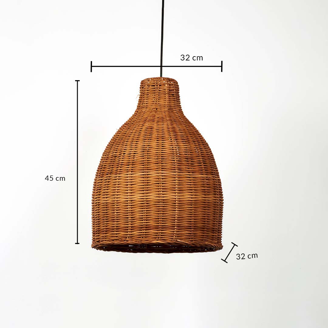 Dimension image of light brown rattan bell pendant light with woven wicker frame showing 45 cm height and 32 cm width.