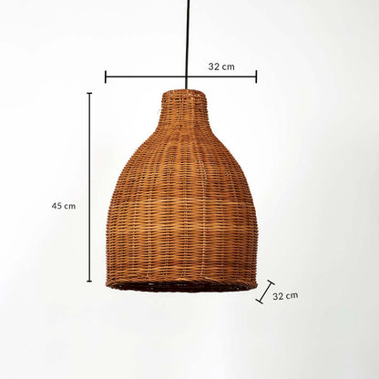 Dimension image of light brown rattan bell pendant light with woven wicker frame showing 45 cm height and 32 cm width.