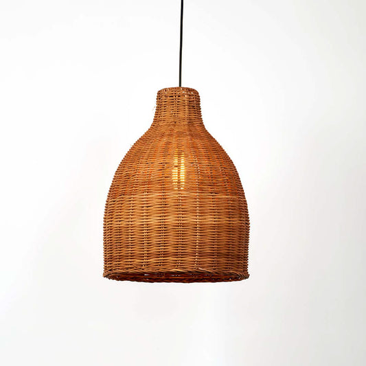 Woven rattan bottle shape pendant light with warm glow natural hanging lamp for living room bedroom boho decor lighting.