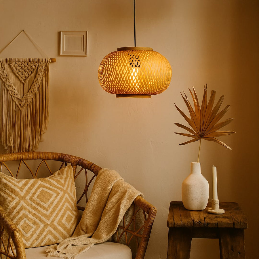 Handwoven rattan pendant light illuminating cozy bedroom with warm natural ambiance and rustic elegance.