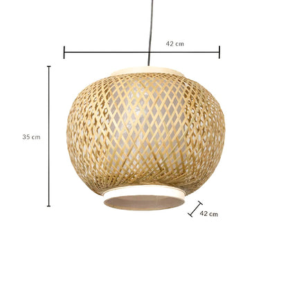 Woven bamboo pendant light dimension image showing height 35 cm and width 42 cm.