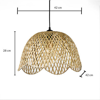 Dimension image of wavy edge woven bamboo dome pendant light with lattice frame showing 28 cm height and 42 cm width.