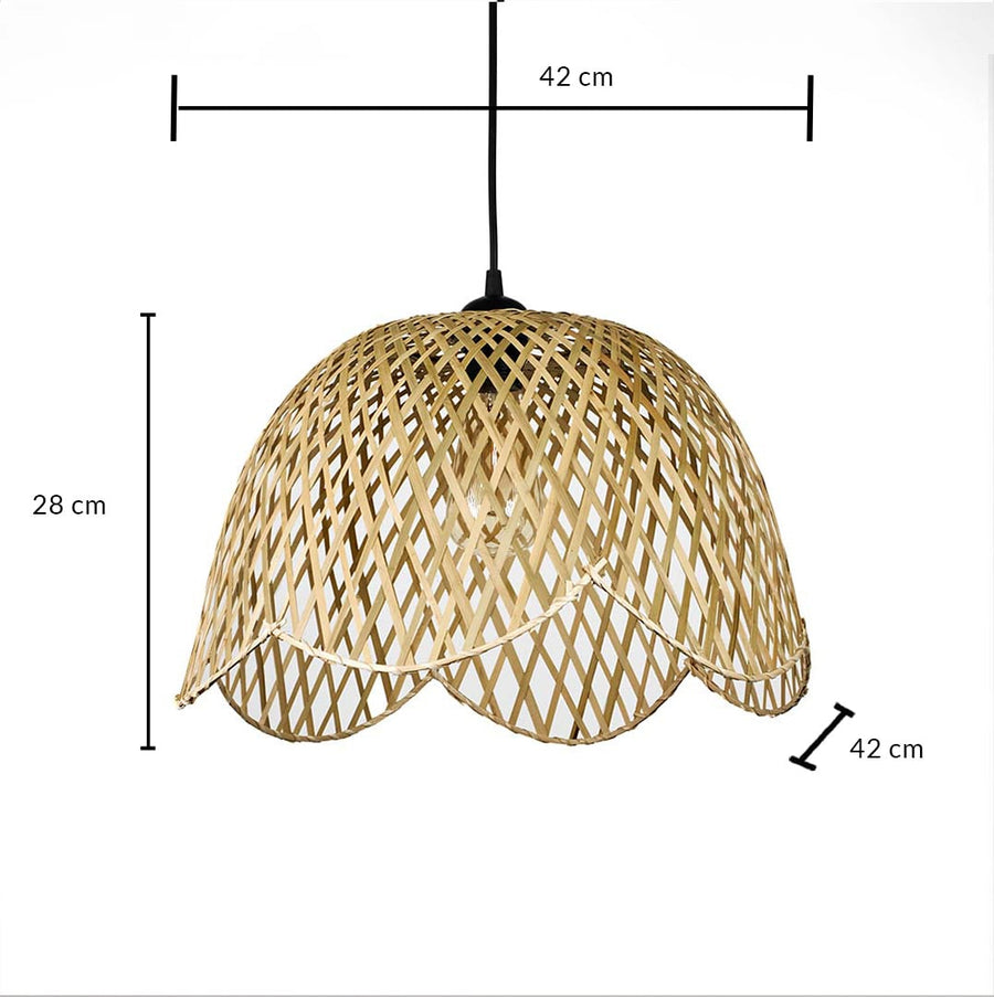 Dimension image of wavy edge woven bamboo dome pendant light with lattice frame showing 28 cm height and 42 cm width.