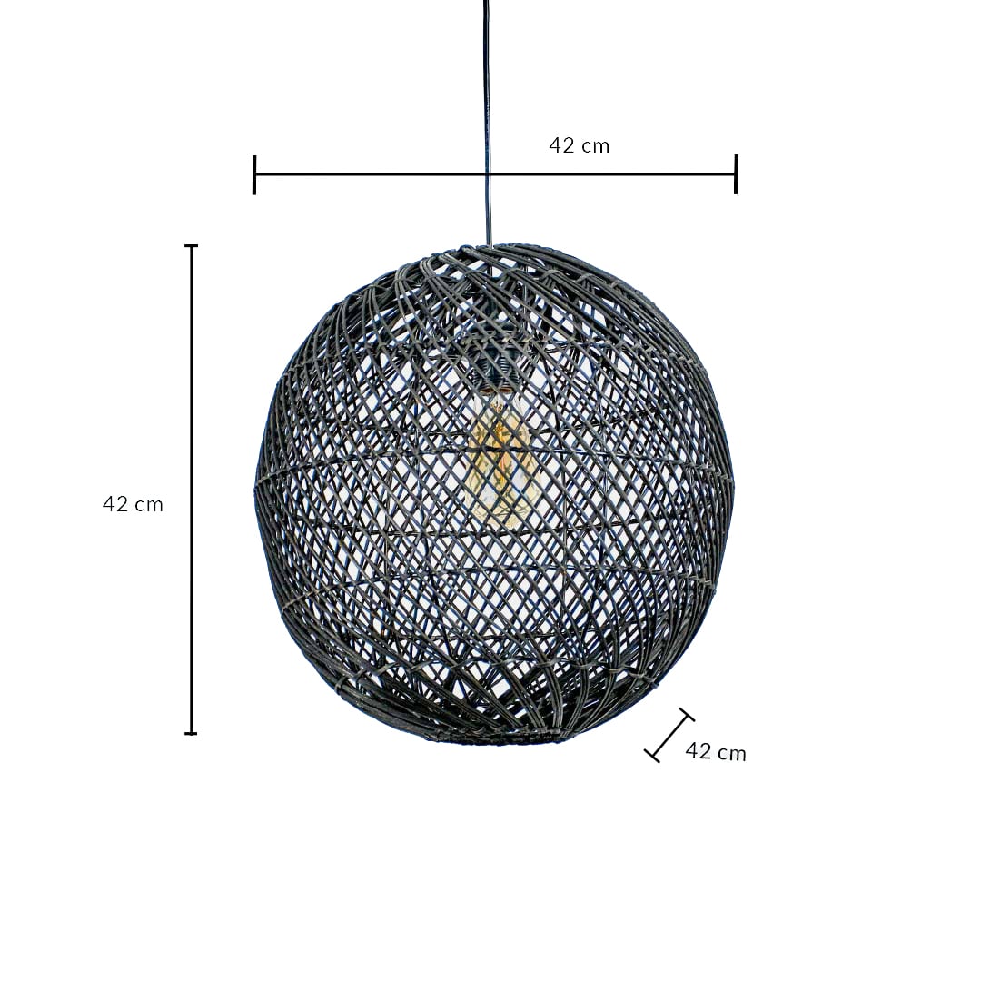 Black woven pendant light showing 45 cm height 45 cm width and 30 cm depth measured clearly for ceiling placement.